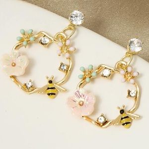 Gold Bee Pink Flower CZ Earrings Dainty Nature Garden Jewelry